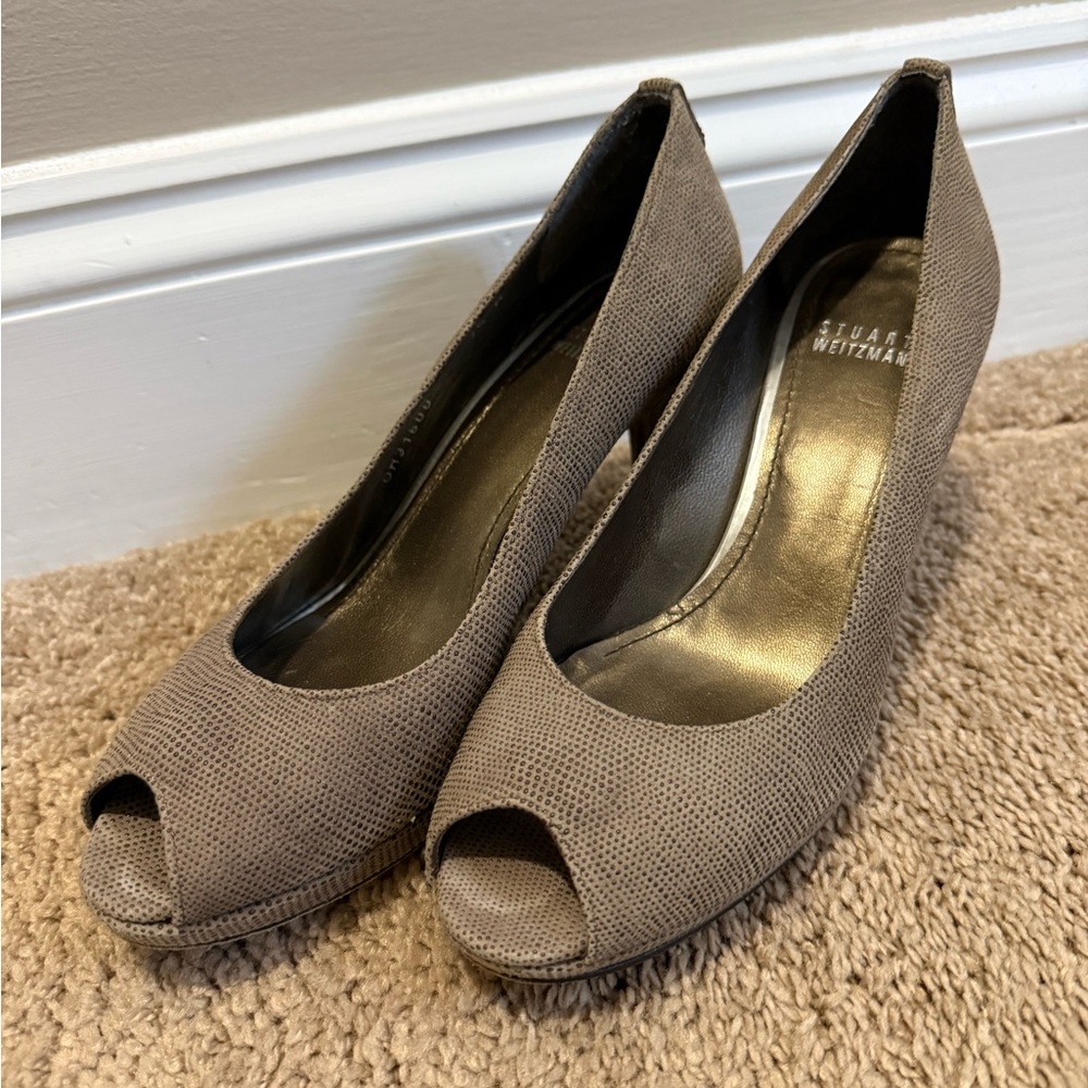 Stuart Weitzman Taupe Peep Toe Heels - Picture 4 of 8